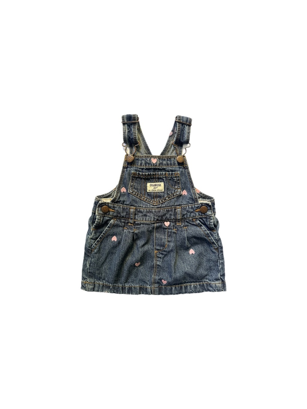 OshKosh B’Gosh Embroidered Pink Hearts Dark Denim Overall Dress